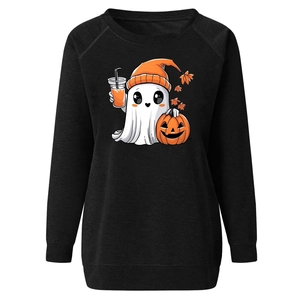 Detail view of Halloween ghost and pumpkin print on a black long-sleeve sweatshirt