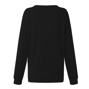 Back view of black drop shoulder sweatshirt featuring a round neck and ribbed hem and cuffs