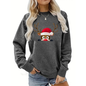 Close-up of ribbed crewneck and festive Rudolph reindeer print on a dark gray sweatshirt