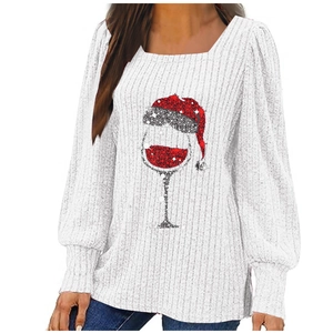 Christmas wine glass print white knit long sleeve top with square neck and side slits