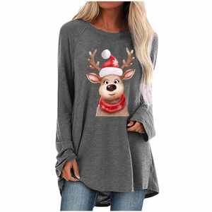 Detail of Christmas reindeer print and crew neck on a dark gray long sleeve sweatshirt