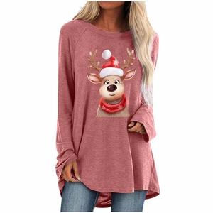 Close-up of women long sleeve Christmas T-shirt featuring a cute cartoon reindeer print