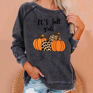 Detail of pumpkin print and It's fall y'all text on grey raglan sweatshirt