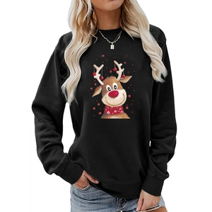Detail of cartoon reindeer print with red 3D nose on a black crewneck sweatshirt