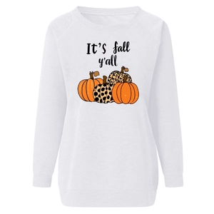 Detail view of cotton sweatshirt featuring pumpkin graphics and It's fall y'all text