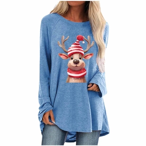 Detail of blue long-sleeved T-shirt with a festive cartoon Christmas reindeer print
