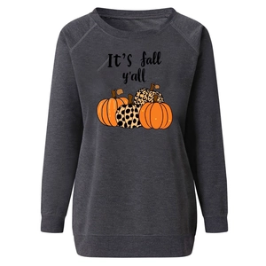 Detail of Halloween pumpkin print and 'It's fall y'all' text on dark grey sweatshirt