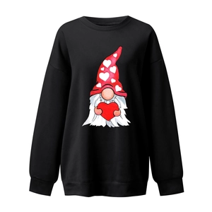 Detail of artistic gnome print with red heart on black crewneck long sleeve sweatshirt