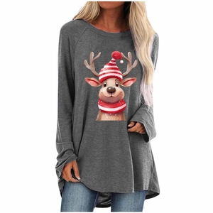 Detail of Christmas reindeer print on a grey loose-fit long-sleeved T-shirt