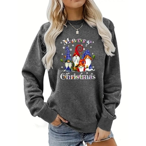 Detail of dark grey Christmas sweatshirt showing festive gnomes and Merry Christmas print