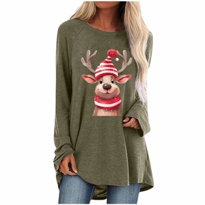 Detail of female long sleeve t-shirt with festive Christmas reindeer print in olive green