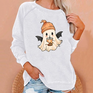 Detail of raglan sleeves and ribbed cuffs on white Halloween ghost sweatshirt