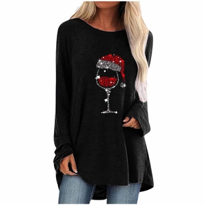T-shirt femme ample à manches longues sur le thème de Noël avec motif verre de vin