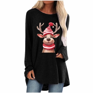 Detail of Christmas reindeer print on women's loose long sleeve black festive t-shirt