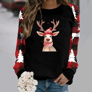 Women's Christmas hoodie with reindeer print and red black plaid sleeves for festive style