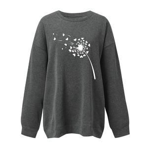 Detail of loose-fit dark grey crewneck sweatshirt with heart dandelion print for women