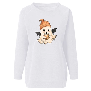 Detail view of cartoon ghost holding bubble tea print on white crewneck sweatshirt