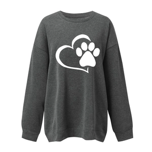 Detail of grey sweatshirt showing high-quality fabric texture and heart paw print design