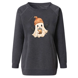 Close-up of dark grey raglan sleeve sweatshirt featuring a cute ghost and bubble tea print