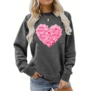Detail of pink floral petal heart print on dark grey crewneck sweatshirt