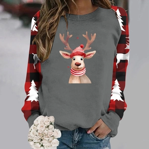Women's Christmas sweatshirt with buffalo plaid raglan sleeves and festive elk print