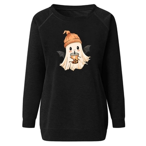 Detail of cute Halloween ghost print with boba tea on a black long sleeve sweatshirt