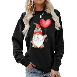 Women's black oversized sweatshirt with cute gnome holding a red heart balloon