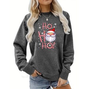 Detailed view of dark grey Christmas sweatshirt featuring Santa and HO HO HO print