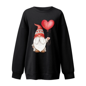 Detail of loose-fit black sweatshirt with heart balloon gnome print and drop shoulders