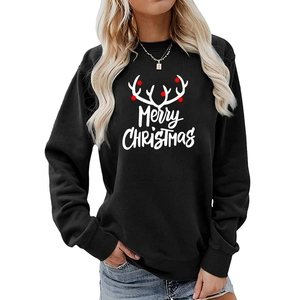 Close-up of the Merry Christmas reindeer antler print on this black long sleeve sweatshirt