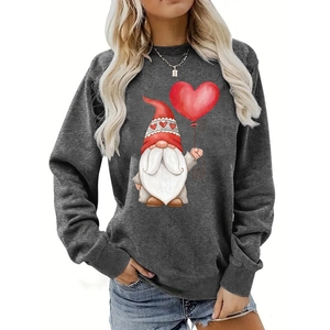 Close-up of heart balloon gnome print on grey long sleeve sweatshirt fabric