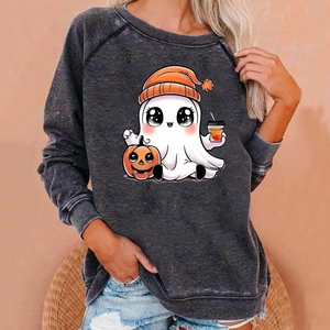 Close-up of raglan sleeves and Halloween ghost print on charcoal gray sweatshirt