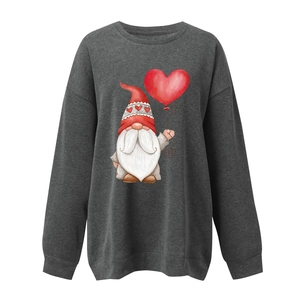 Detail of dark grey sweatshirt featuring a cute hand-drawn Valentine gnome with heart balloon