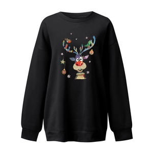 Close-up of bohemian style cartoon reindeer print on black Christmas sweatshirt