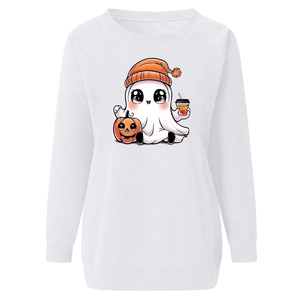 Detail of cute ghost and pumpkin print on white Halloween sweatshirt with ribbed cuffs