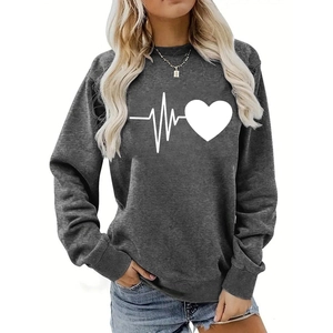 Detail of loose fit dark grey sweatshirt featuring heart pulse print and ribbed cuffs