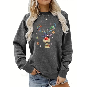 Detailed close-up of a colorful Christmas reindeer print on a grey long sleeve sweatshirt