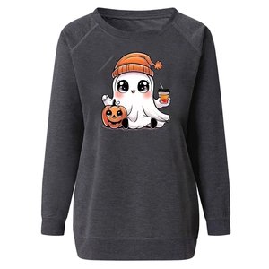 Detail of Halloween ghost and pumpkin print on dark grey raglan sleeve sweatshirt