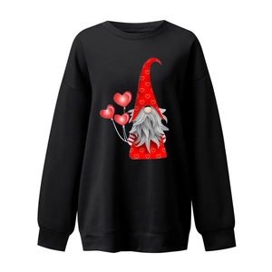 Detail of Valentines Day gnome print with red heart balloons on black crewneck sweatshirt