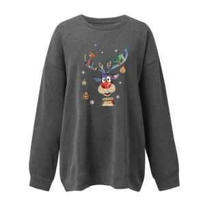 Detail of Christmas reindeer print on a dark gray loose-fit drop shoulder sweatshirt