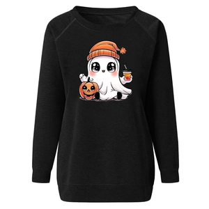 Detail view of black Halloween sweatshirt featuring cute ghost and pumpkin print