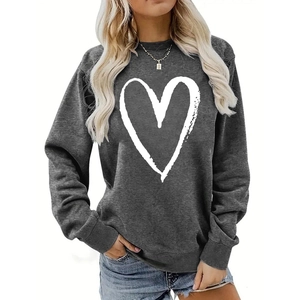 Detail of white brushstroke heart print on dark grey loose crewneck sweatshirt
