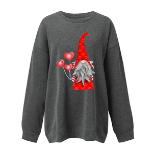 Close-up of dark grey sweatshirt featuring a cute Valentine gnome with red heart balloons