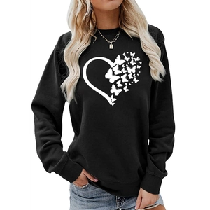Women's black crewneck sweatshirt with white butterfly heart print and loose fit