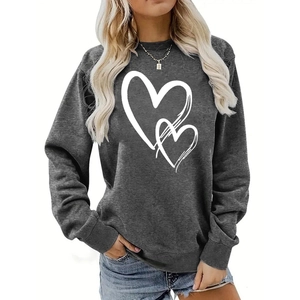 Close-up of white double heart art print on dark grey crewneck sweatshirt