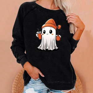 Detail of Halloween ghost print on black long-sleeve sweatshirt with ribbed cuffs