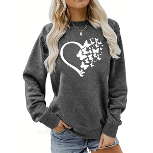 Detail of white heart butterfly print on dark grey crewneck sweatshirt for women