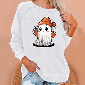 Close-up of cute Halloween ghost print on white loose long-sleeve sweatshirt top