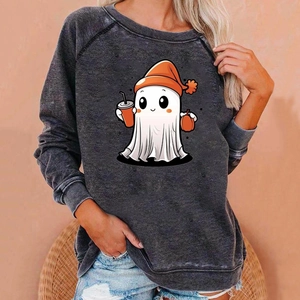 Close-up of Halloween ghost print on dark grey washed long sleeve sweatshirt for women