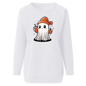 Close-up of Halloween cartoon ghost print on a white long-sleeve sweatshirt with ribbed cuffs